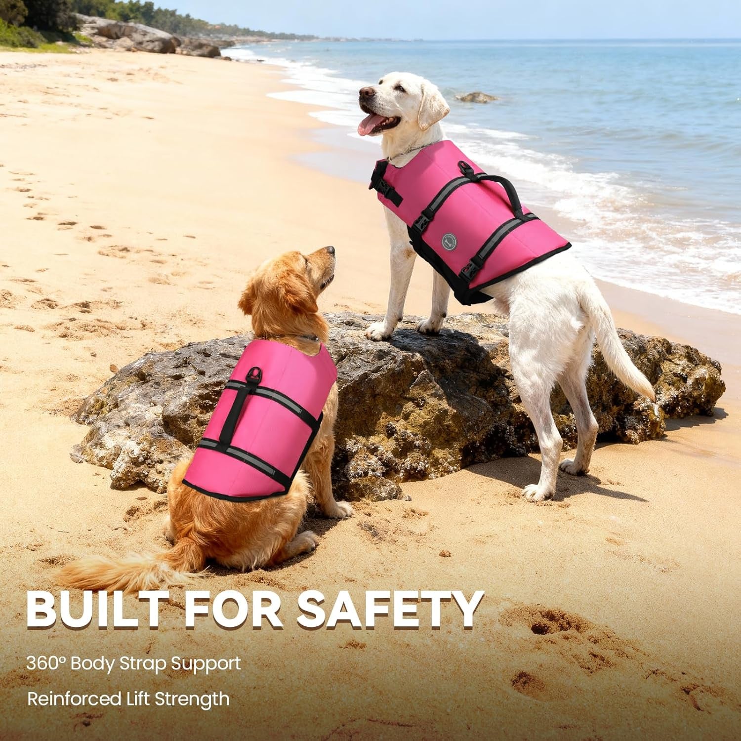 Ripstop Dog Life Vest - Medium, Pink | High Visibility Swim Jacket with Handle & Leash Ring for Boating and Swimming