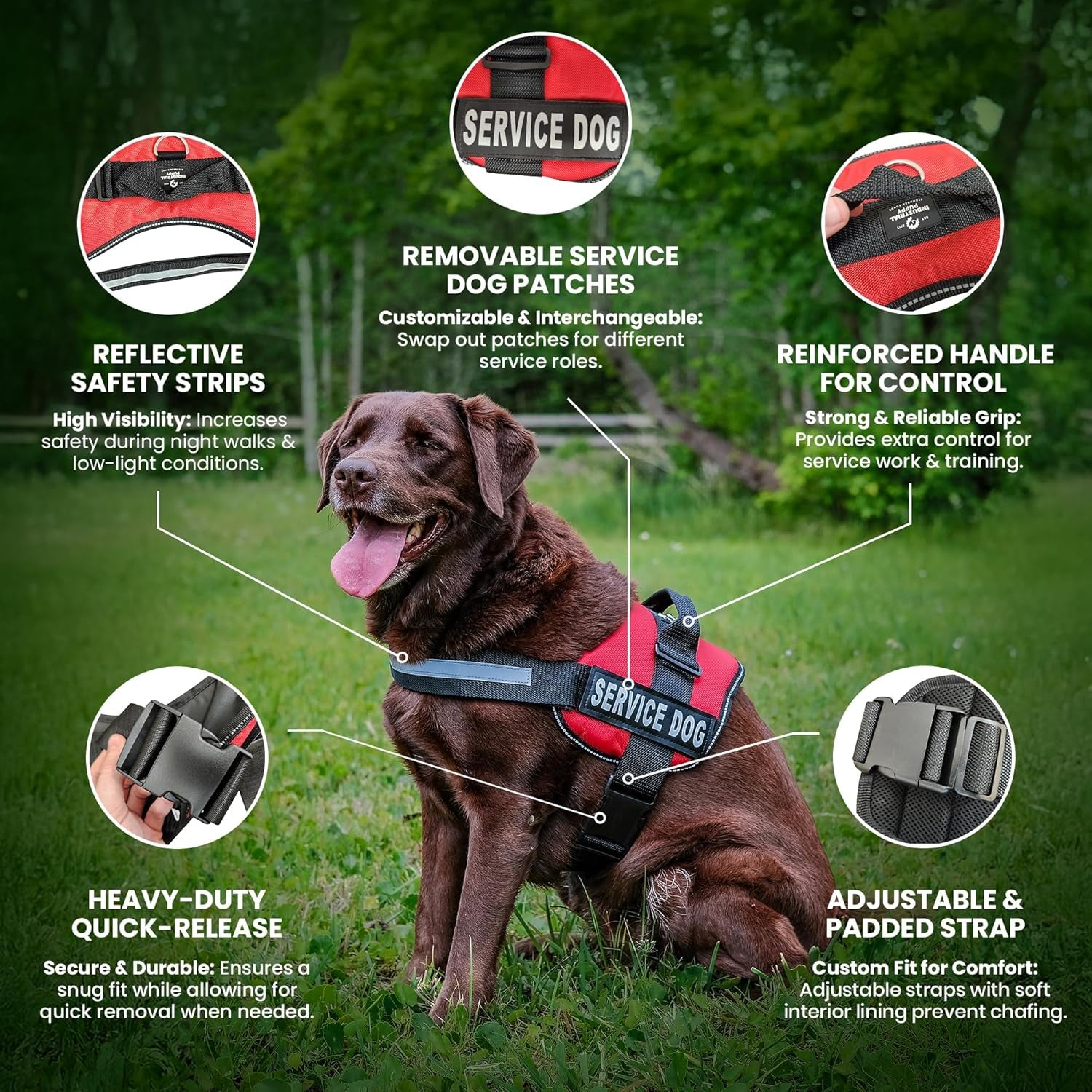 Service Dog Vest with Handle - No Pull Harness for Large Breeds, Reflective Straps, Removable Patches, Suitable for Small to Large Dogs