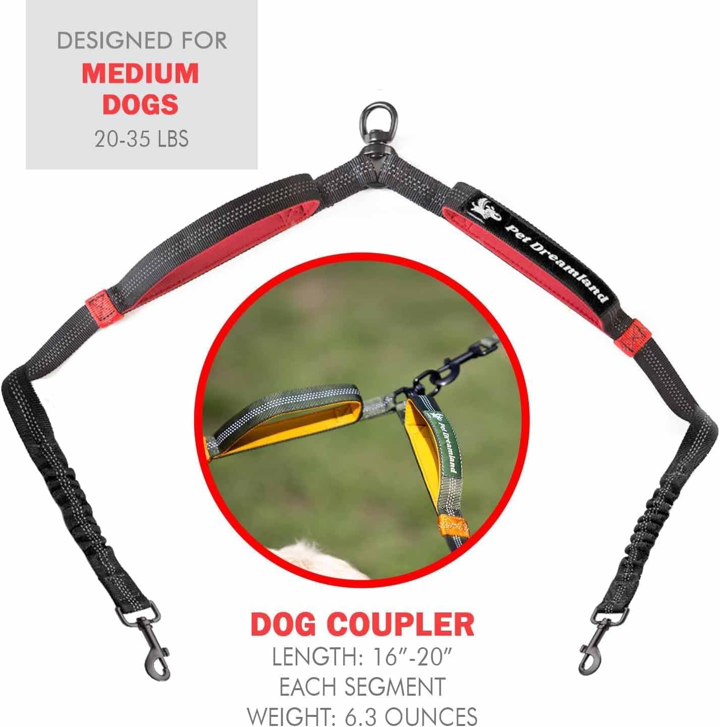 Premium Dual Dog Leash Coupler with Tangle-Free Swivel - Ideal for Walking Two Medium Dogs (Black & Red)