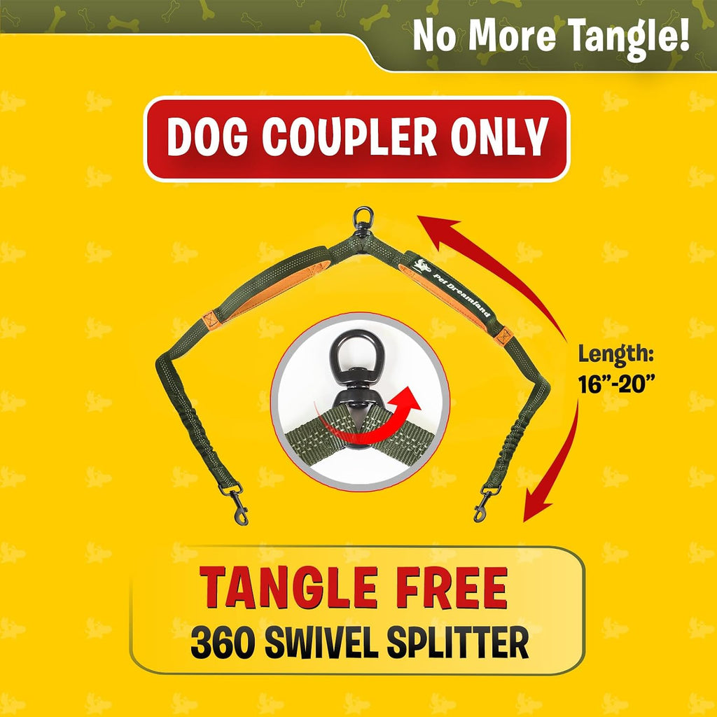 Premium Double Dog Leash Coupler with Tangle-Free Swivel - Versatile Attachment for Walking Two Dogs (Khaki & Orange)
