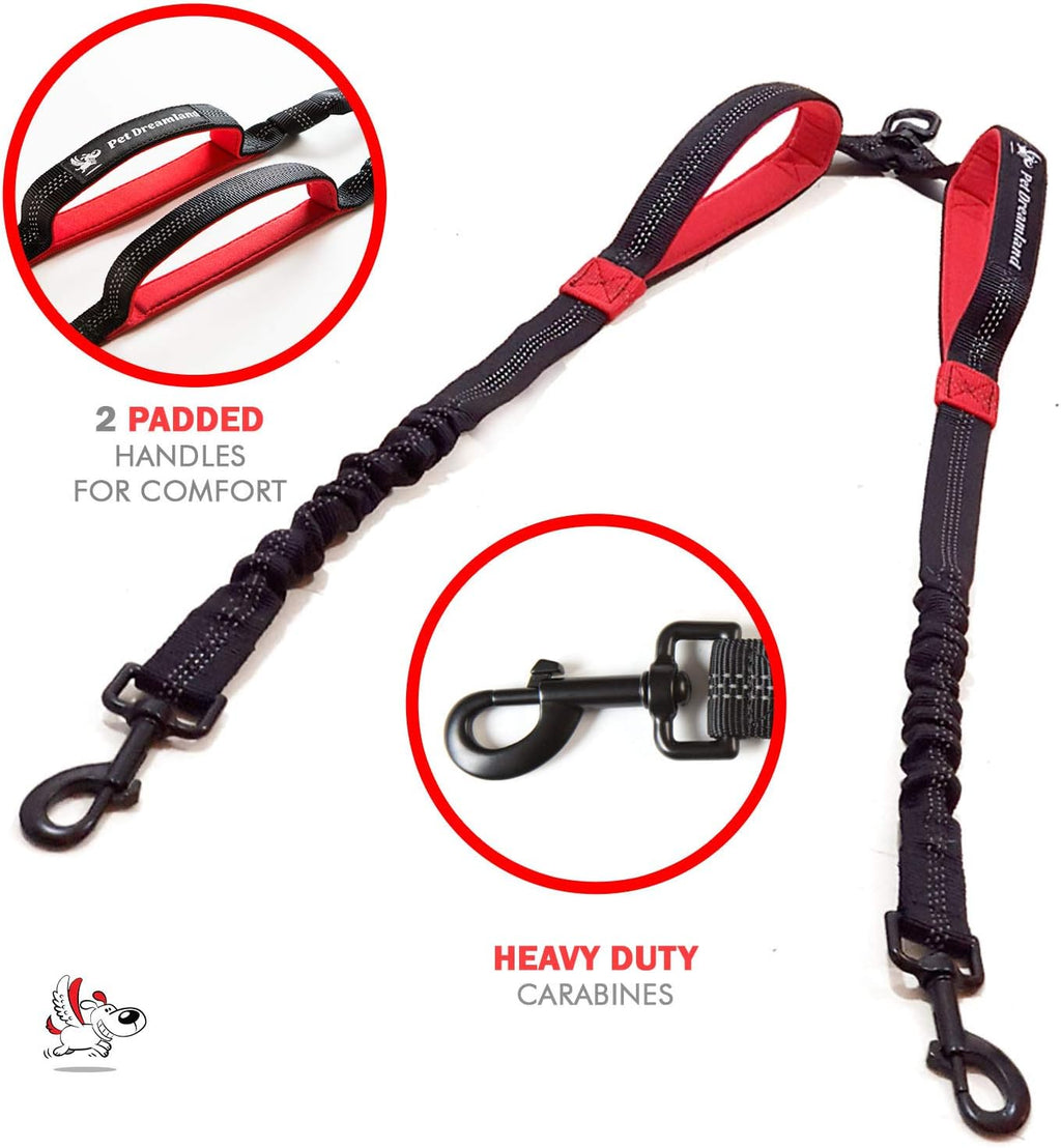 Premium Dual Dog Leash Coupler with Tangle-Free Swivel - Ideal for Walking Two Medium Dogs (Black & Red)