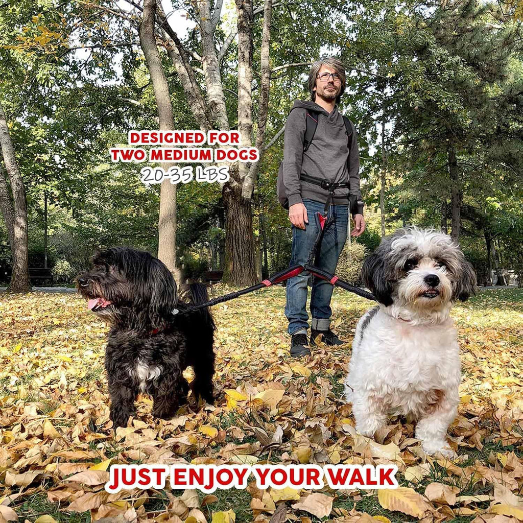 Premium Dual Dog Leash Coupler with Tangle-Free Swivel - Ideal for Walking Two Medium Dogs (Black & Red)