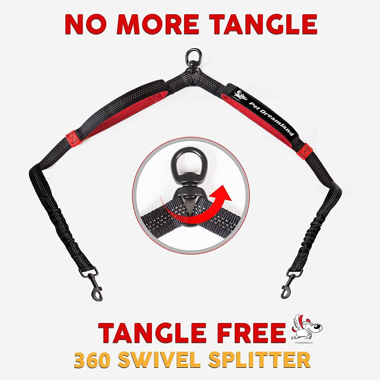 Premium Dual Dog Leash Coupler with Tangle-Free Swivel - Ideal for Walking Two Medium Dogs (Black & Red)
